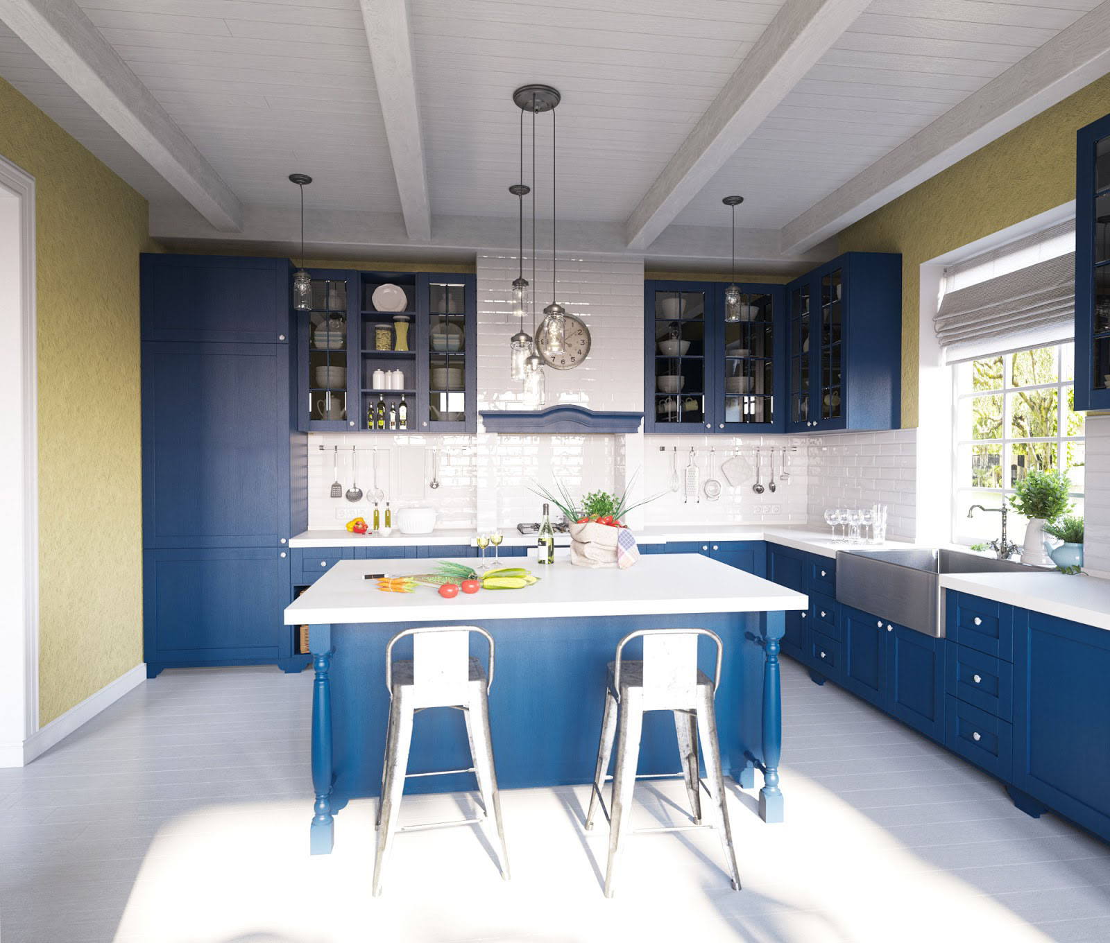 Синий цвет в интерьере кухни, примеры фото....