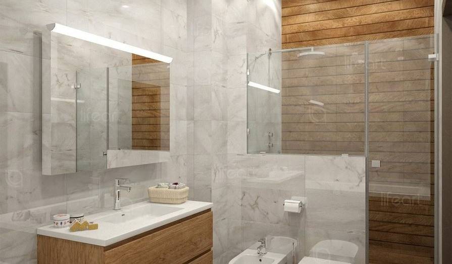 Дизайн маленькой ванной комнаты под мрамор