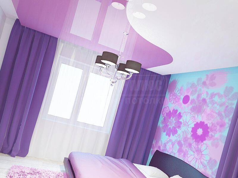Фиолетовый и сиреневый натяжной потолок в интерьере (150+ фото)