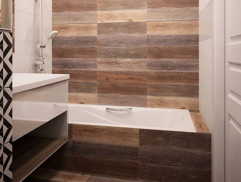 Дизайн ванной комнаты: плитка под мрамор, черная и белая, мозаика