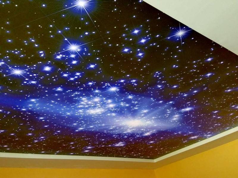 Фото и видео подвесного, натяжного потолка с рисунком неба, виды: галактика, звездные небеса, 3d небосвод, проектор с мерцанием звёзд для натяжного потолка  монтаж