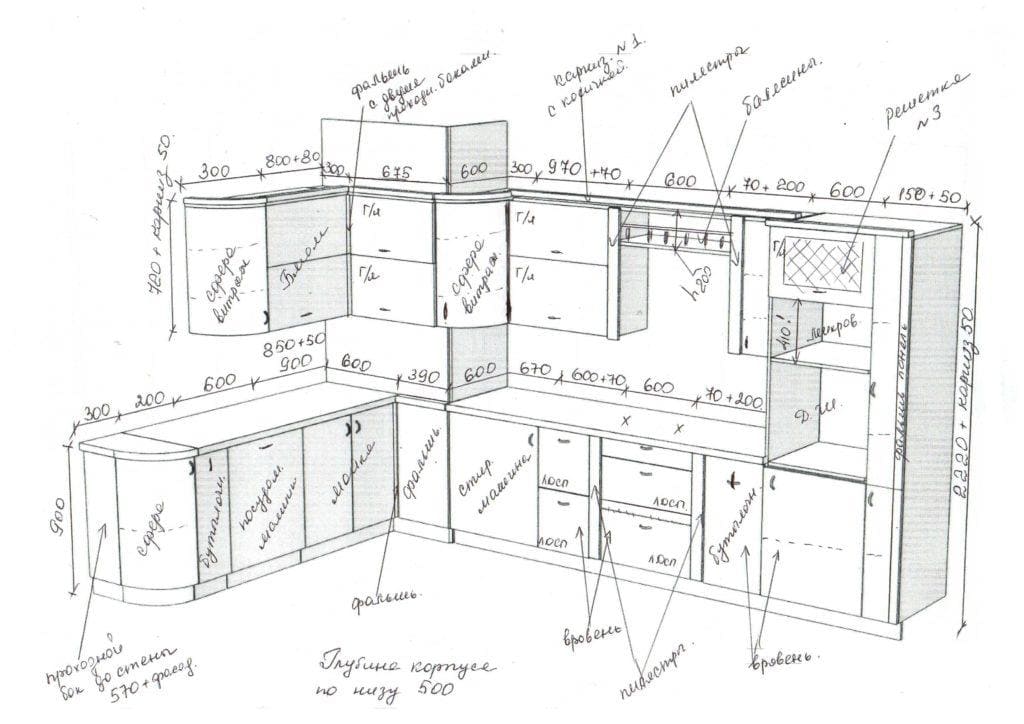 Схема и чертежи угловой кухни