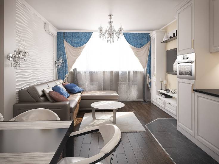 Кухня-гостиная 18 кв. м: дизайн, фото с зонированием, совмещение, прямоугольная и квадратная форма, с диваном, в скандинавском стиле, интерьер