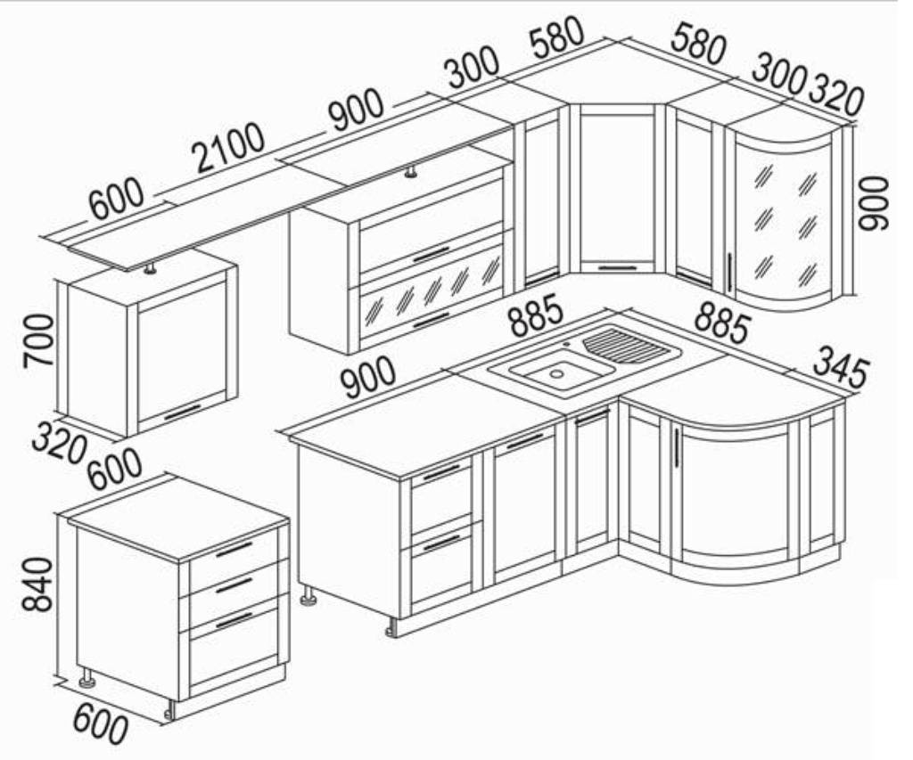 Чертежи кухонных шкафов: расчет размеров, правильное проведение замеров.