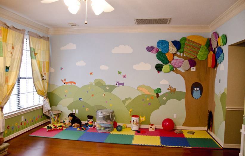 Рисунки на стенах в детском саду - фото интересных идей и правила выбора цвета при покраске своими руками, видео, советы какую краску выбрать для детской