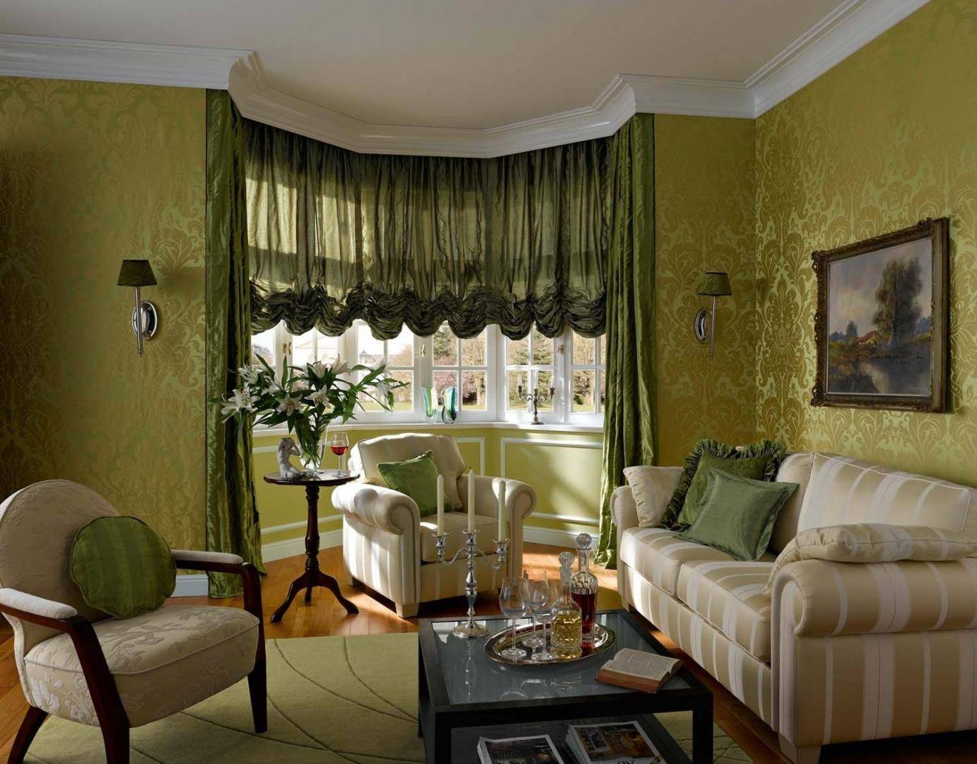 Шторы оливкового цвета: фото в интерьере кухни, спальни, гостиной