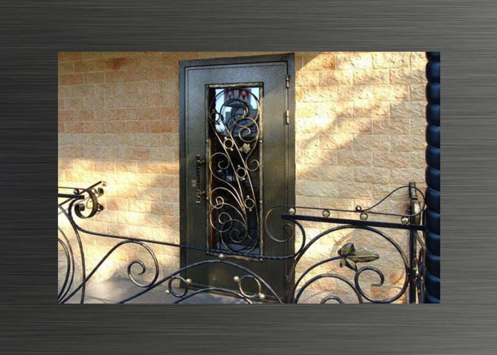 Кованые двери, фото разных видов: входные, со стеклом, с металлическими элементами и решетками, для частных домов и квартир, художественная и холодная ковка