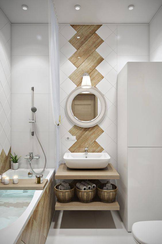 Ванная комната с плиткой под дерево на стены: отделка туалета, санузел с плиткой, деревом и камнем
 - 56 фото