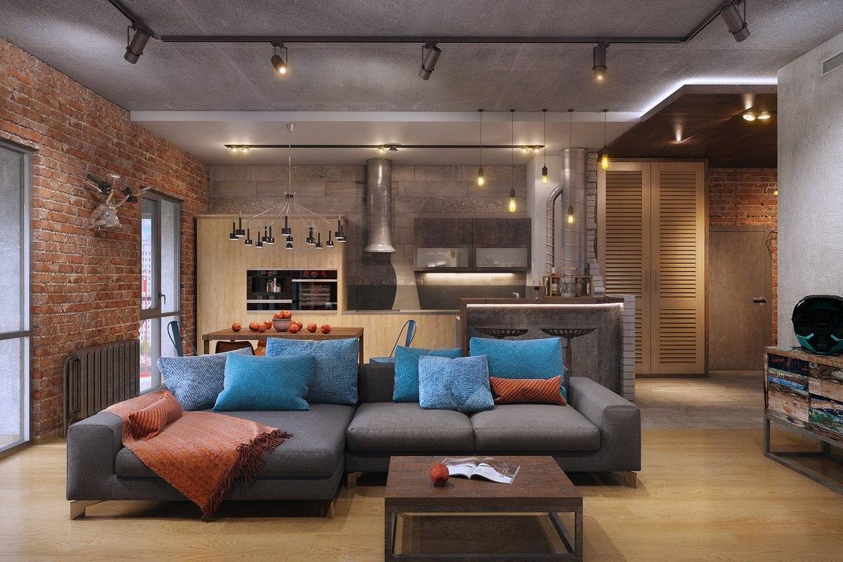 Гостиная в стиле лофт 2021: особенности стиля, характеристика, модные идеи, цвет интерьера, мебель, текстиль, освещение, декор