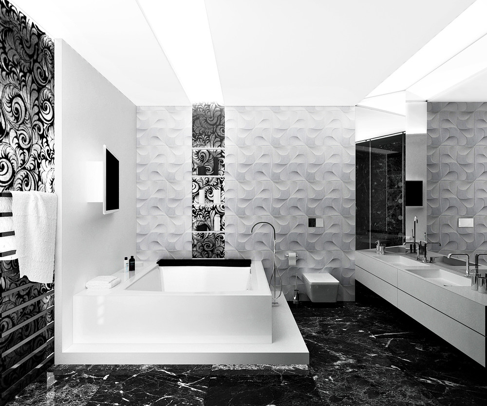 Черно-белая плитка в ванной: фото дизайна с черно-белым кафелем в декоре для большой и маленькой площади