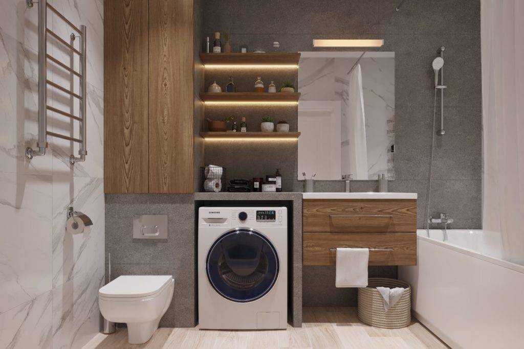 Дизайн ванной комнаты со стиральной машиной: совмещенной с туалетом и без, фото дизайна под раковиной в хрущевке