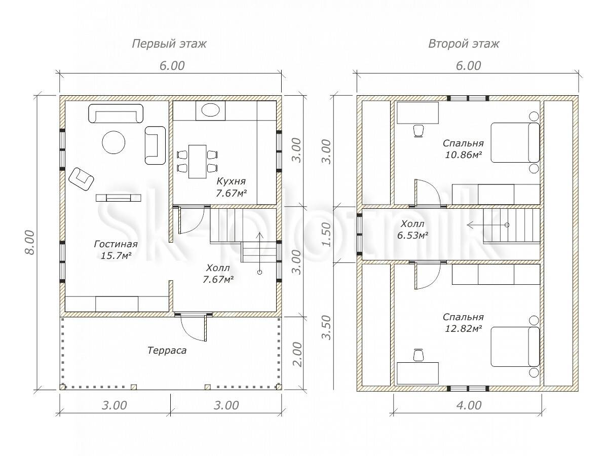 Дом 6 на 10: планировка одноэтажного, двухэтажного и строения с мансардой, проекты узких зданий из дерева (бруса), пеноблока и кирпича