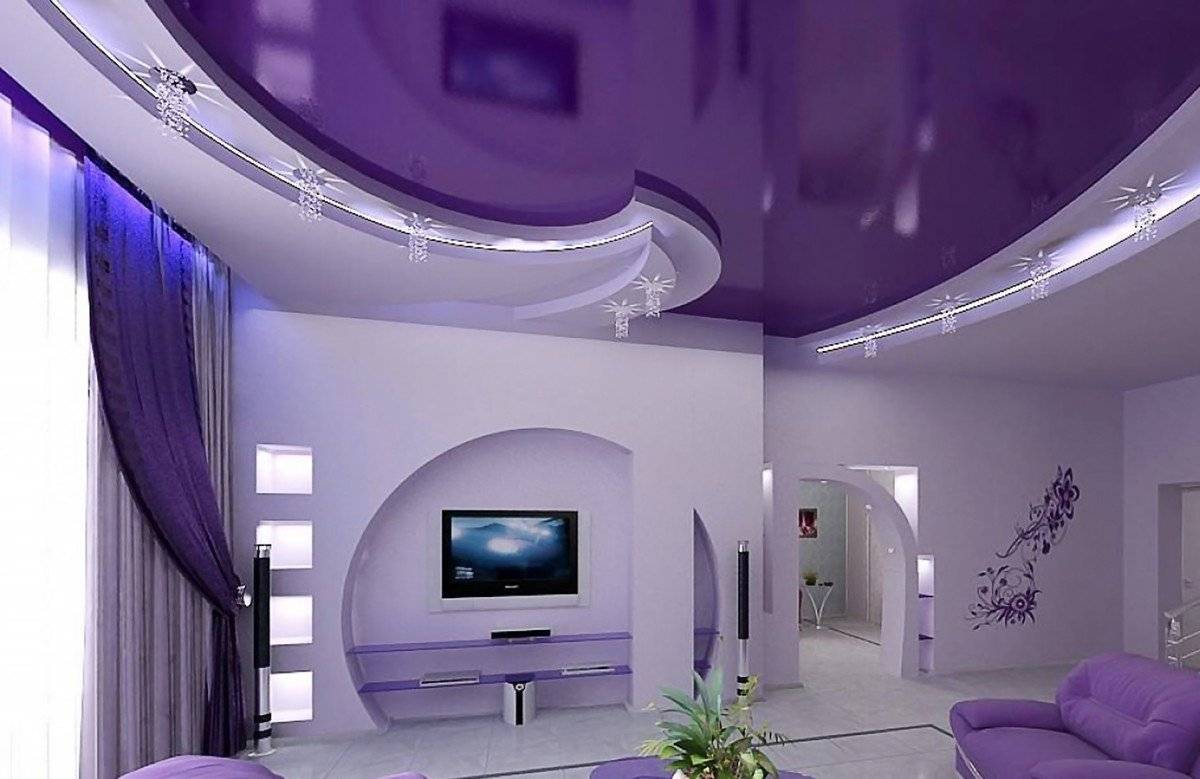 Фиолетовый натяжной и подвесной потолок - 57 фото в интерьере