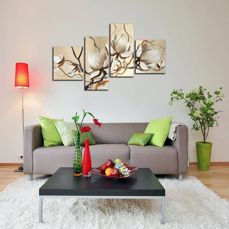 Оформление стены в гостиной над диваном: дизайн, как оформить декоративными обоями, чем украсить, как задекорировать пустую