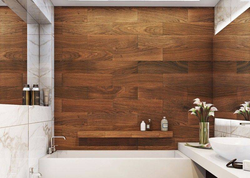 Ванная комната под мрамор: дизайн интерьера в сочетании с деревом, с белой плиткой
 - 14 фото